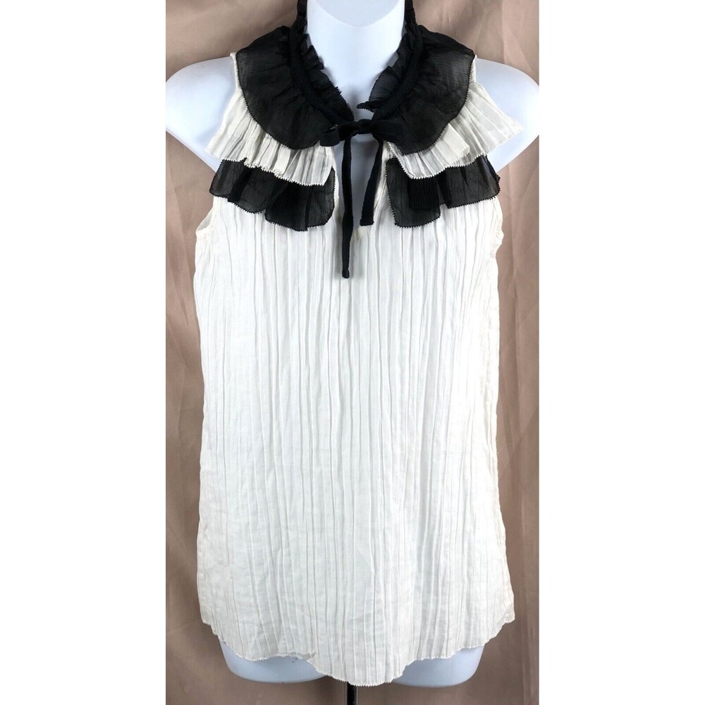 Sleeveless Gauzy Crepe Top XS Wht/Blk Tiered Ruffle KeyHole pleated Coquette
